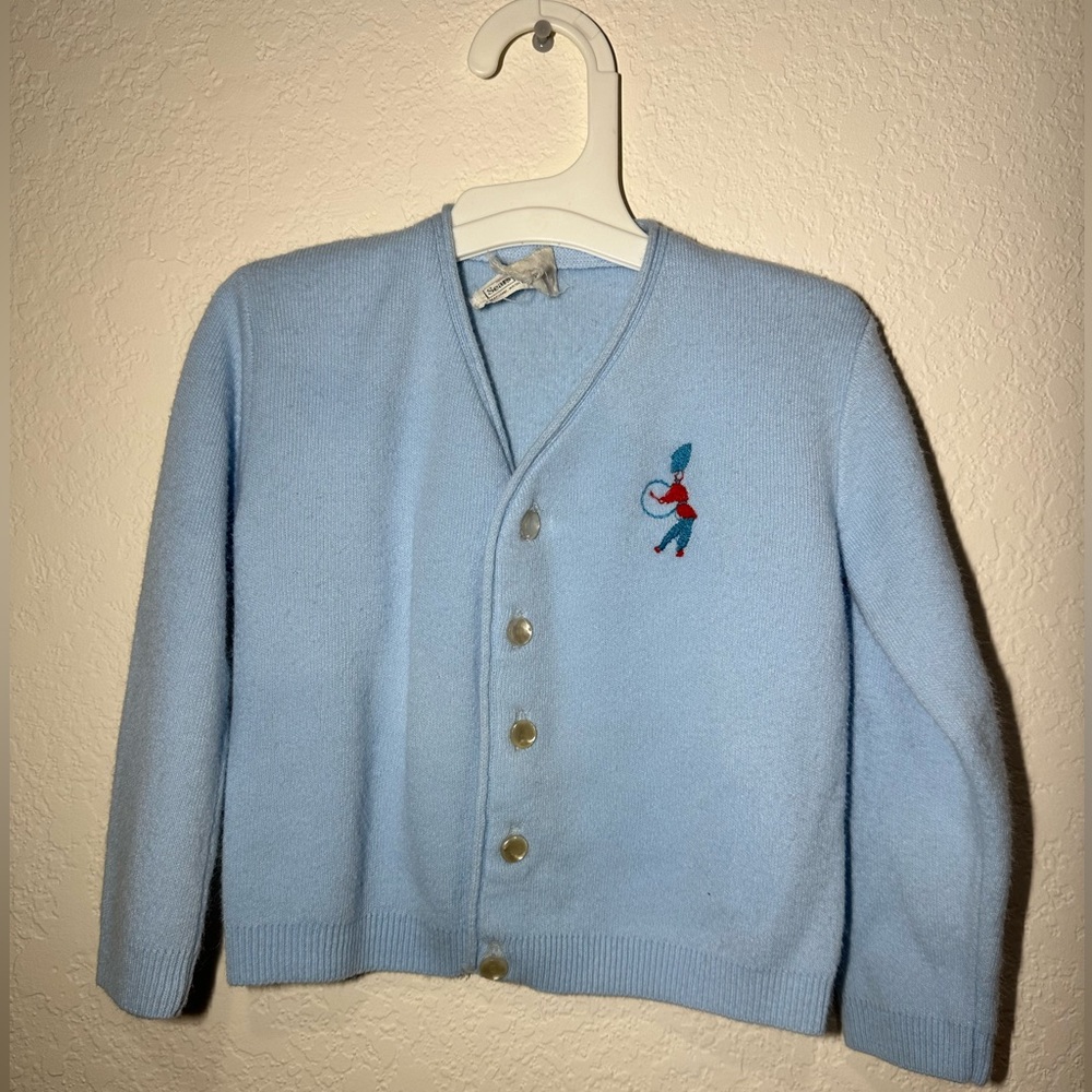 Vintage Sears Baby Blue Drummer Boy Cardigan. Size L 27 to 32lbs